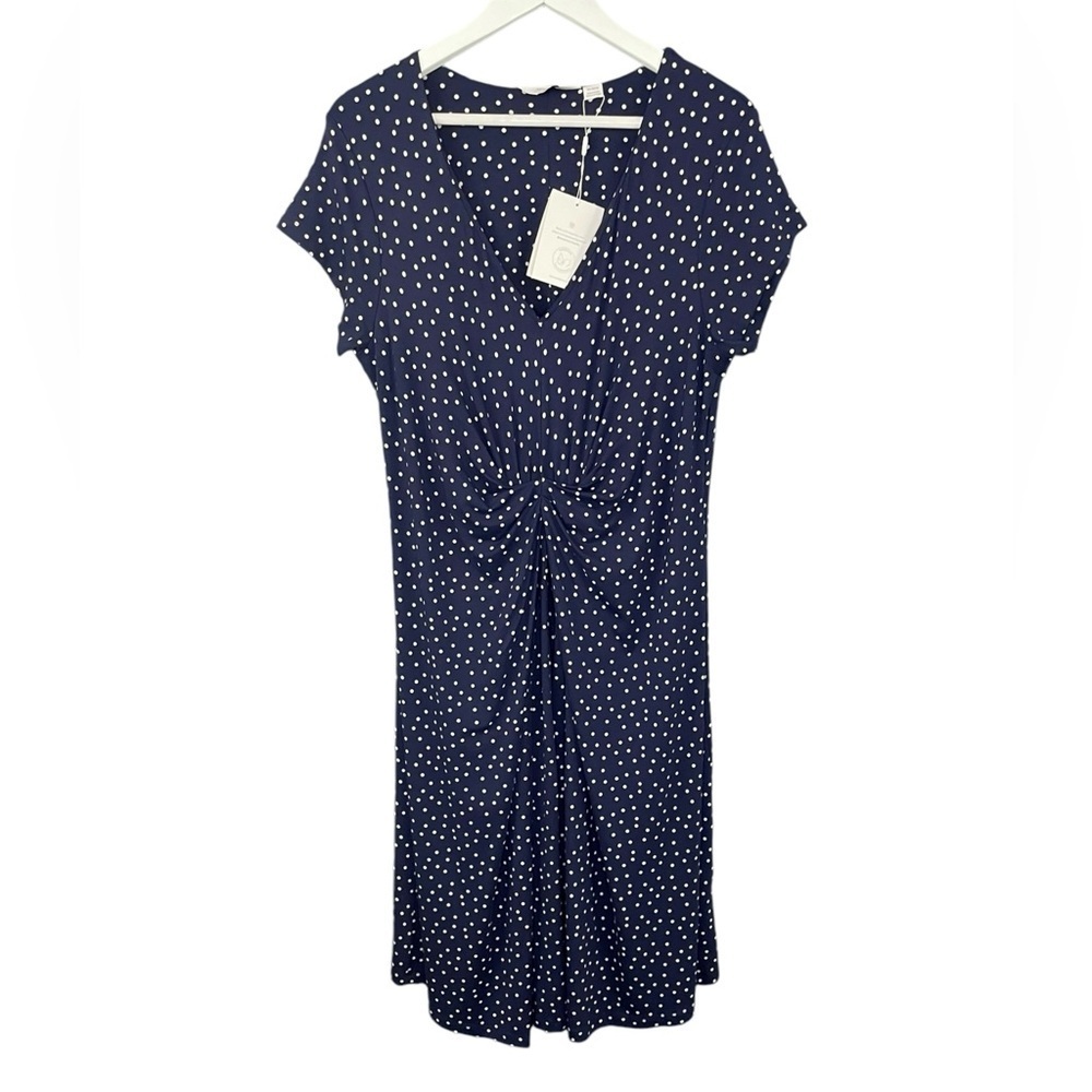 Seraphine Maternity Jersey Knit Dress Cap Sleeve Navy Blue Polka Dot NWT - Picture 2 of 13